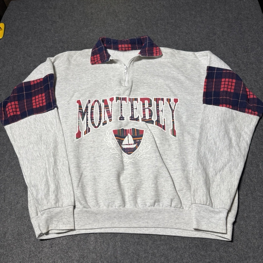 VTG 90s Monterey Plaid 1/4 Zip Pullover Size L 23.5x24.5 Retro Destination Indie